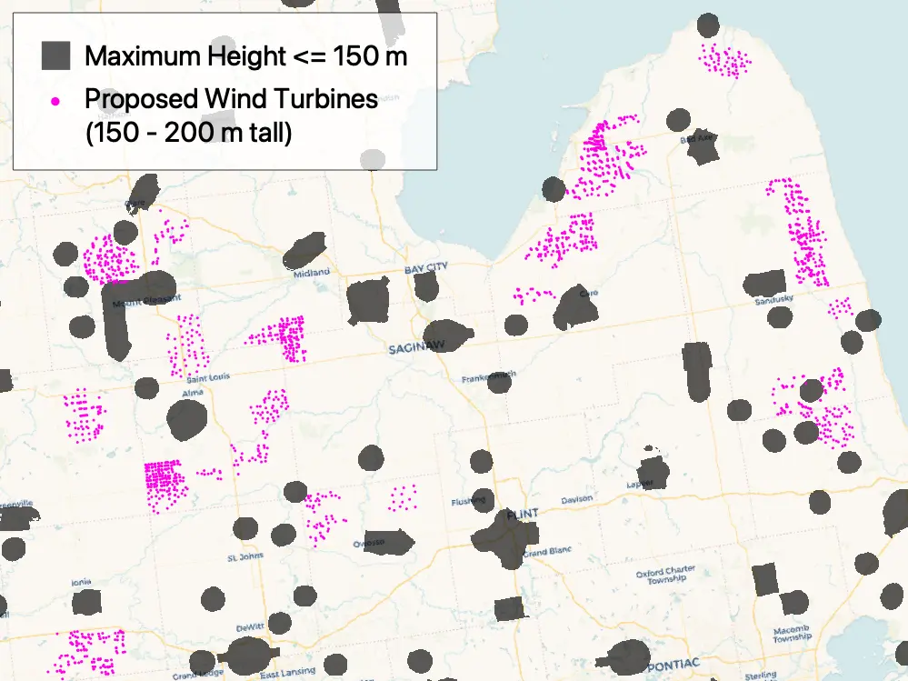 Proposed turbines around airspace avoidance areas near Saginaw, MI