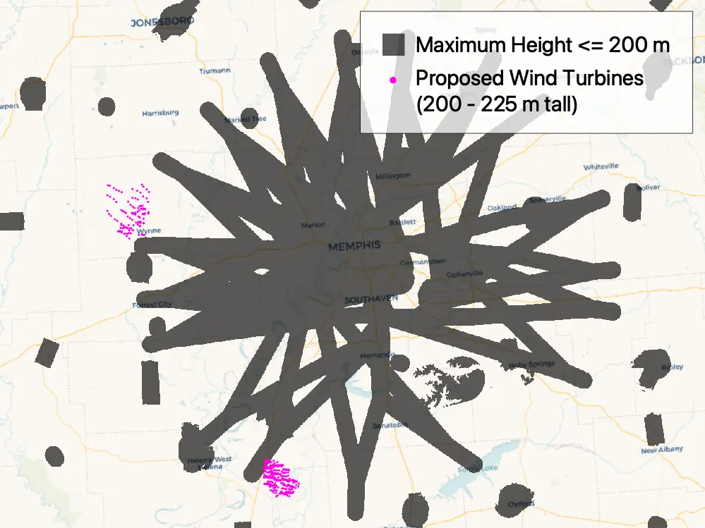 Proposed turbines around airspace avoidance areas near Memphis, TN