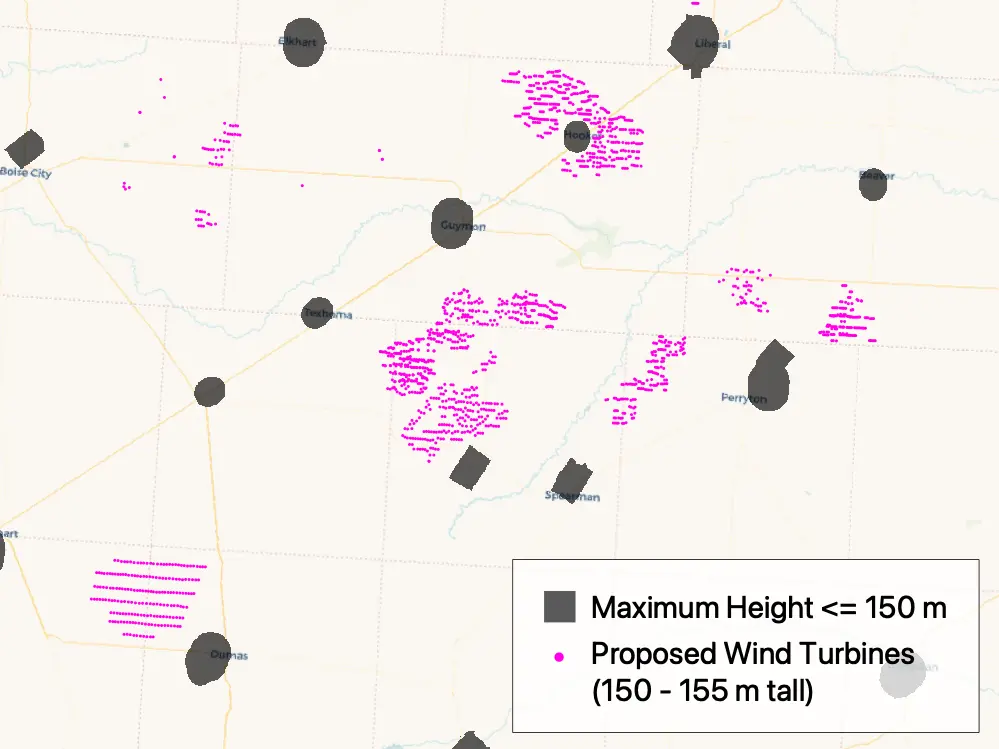 Proposed turbines around airspace avoidance areas near Amarillo, TX