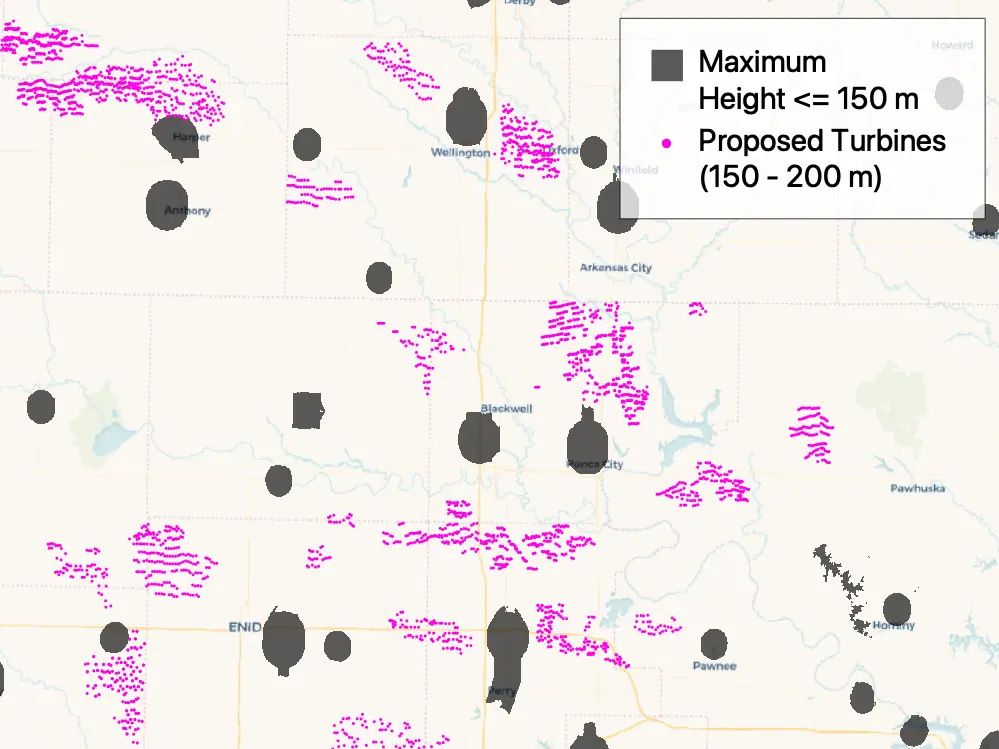 Proposed turbines around airspace avoidance areas near Tulsa, OK