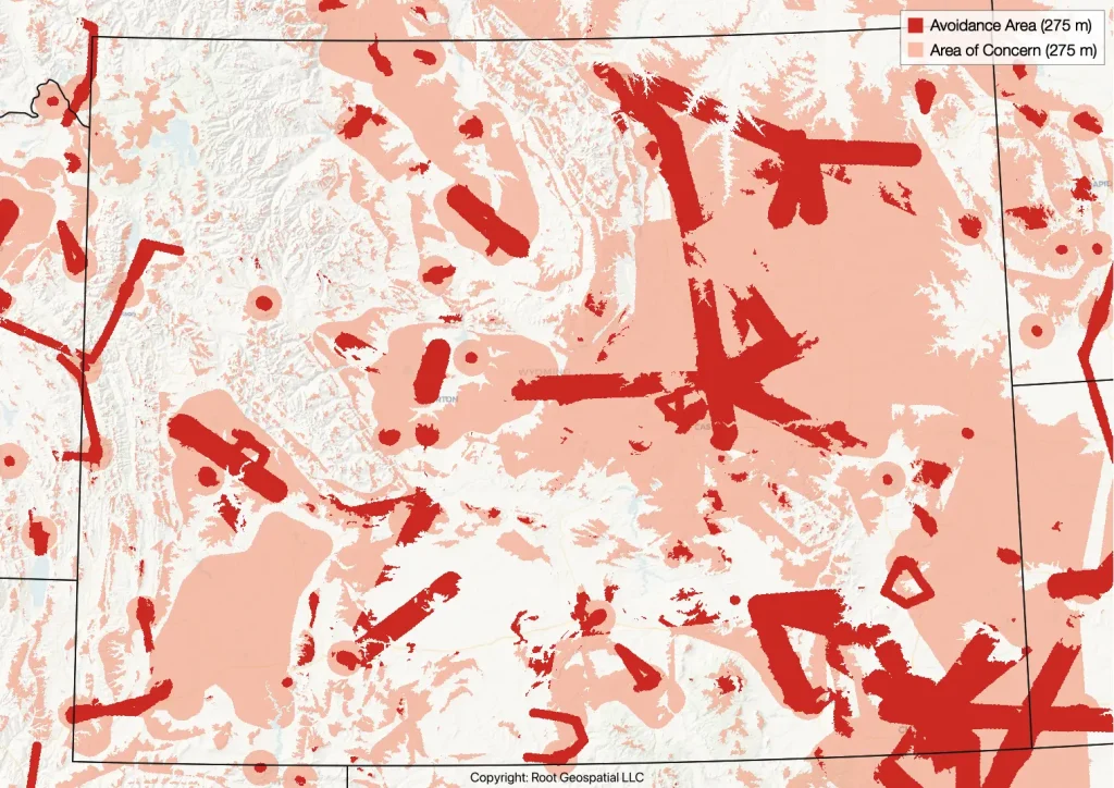 Map of Wyoming showing airspace constraints