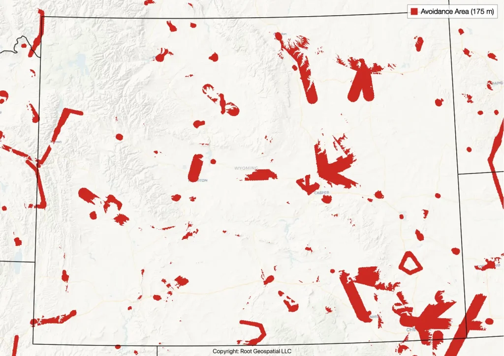 Map of Wyoming showing airspace avoidance areas